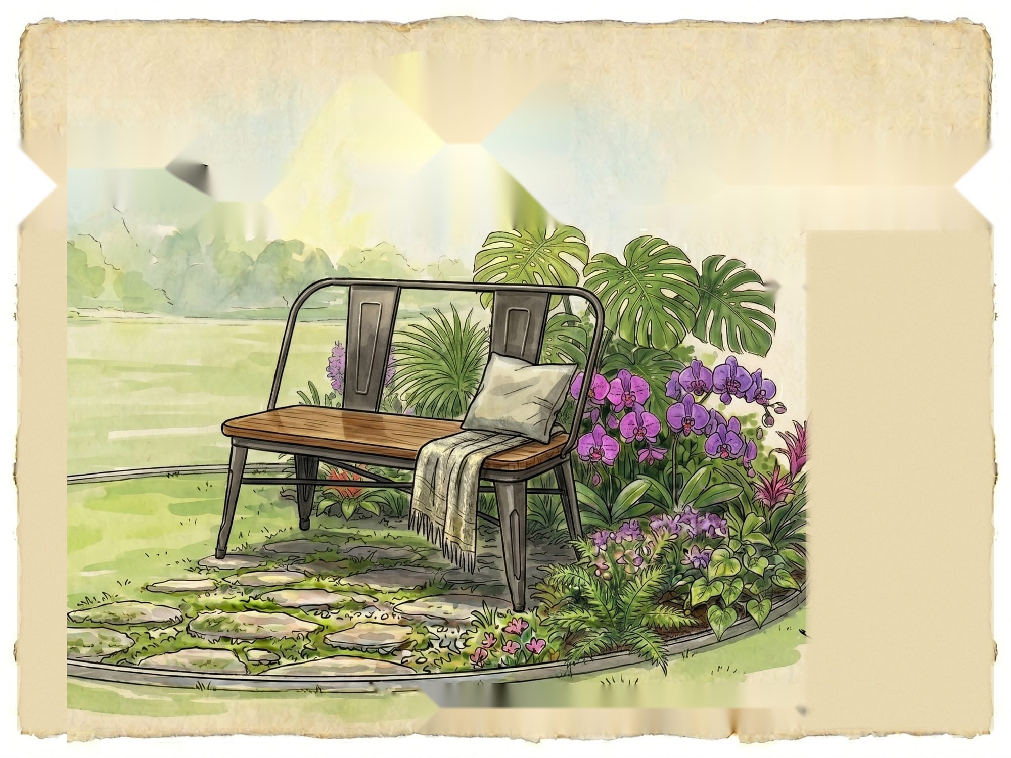 Artist's impression of Crochet Garden: a garden bench in a quiet reading nook, ringed by crocheted plants, ferns, purple orchids, and big monstera leaves, on a circle of mossy stepping stones set into a lawn.