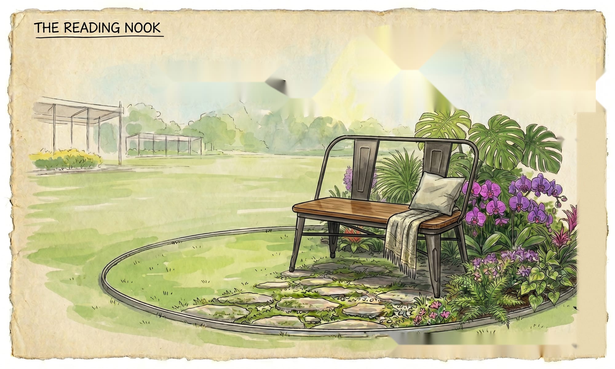 Artist's impression of Crochet Garden: a garden bench in a quiet reading nook, ringed by crocheted plants, ferns, purple orchids, and big monstera leaves, on a circle of mossy stepping stones set into a lawn.