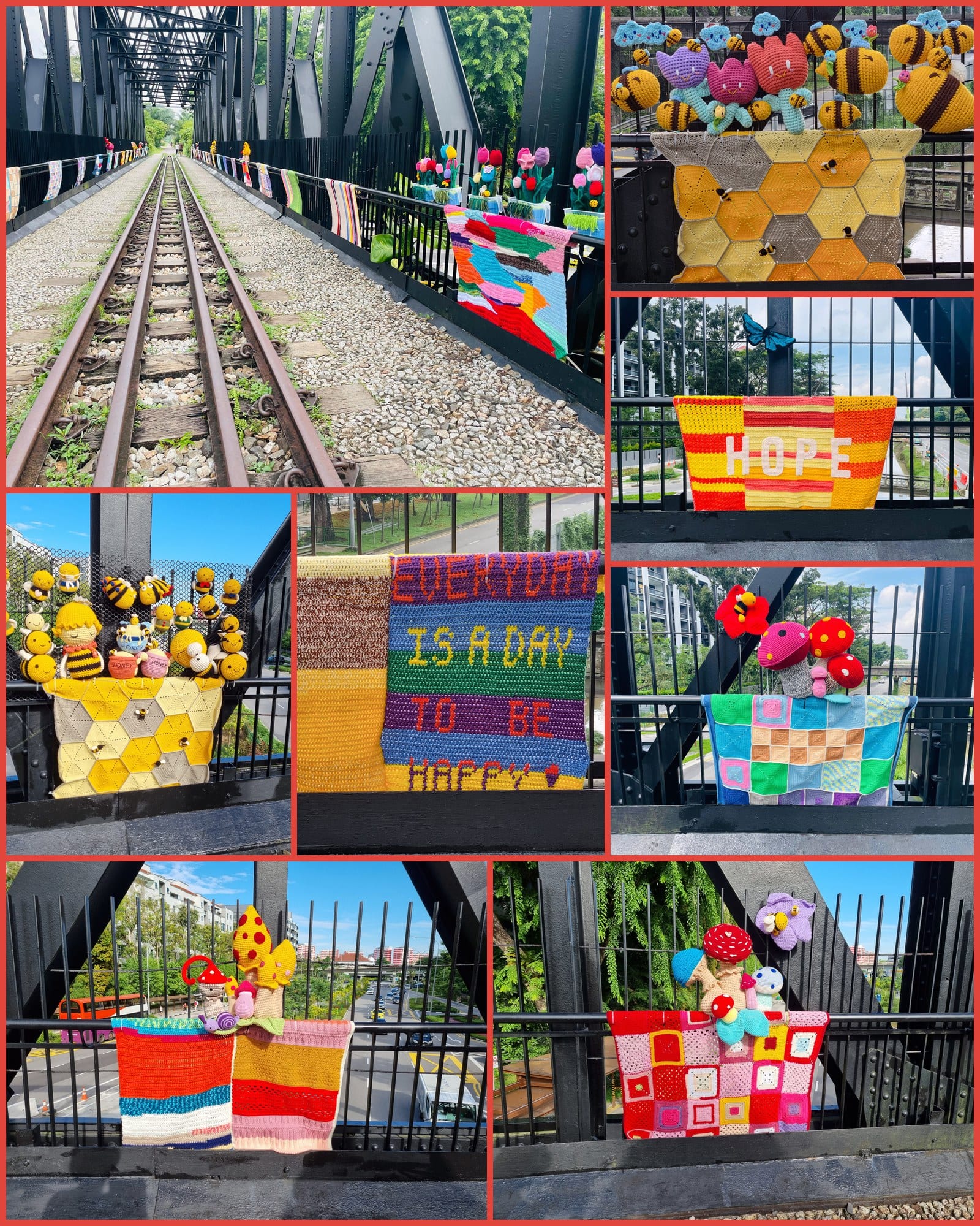 Collage of crocheted pieces from the Bukit Timah Truss Bridge yarn bombing: a HOPE banner, bees on a honeycomb panel, mushrooms, tulips and granny squares.