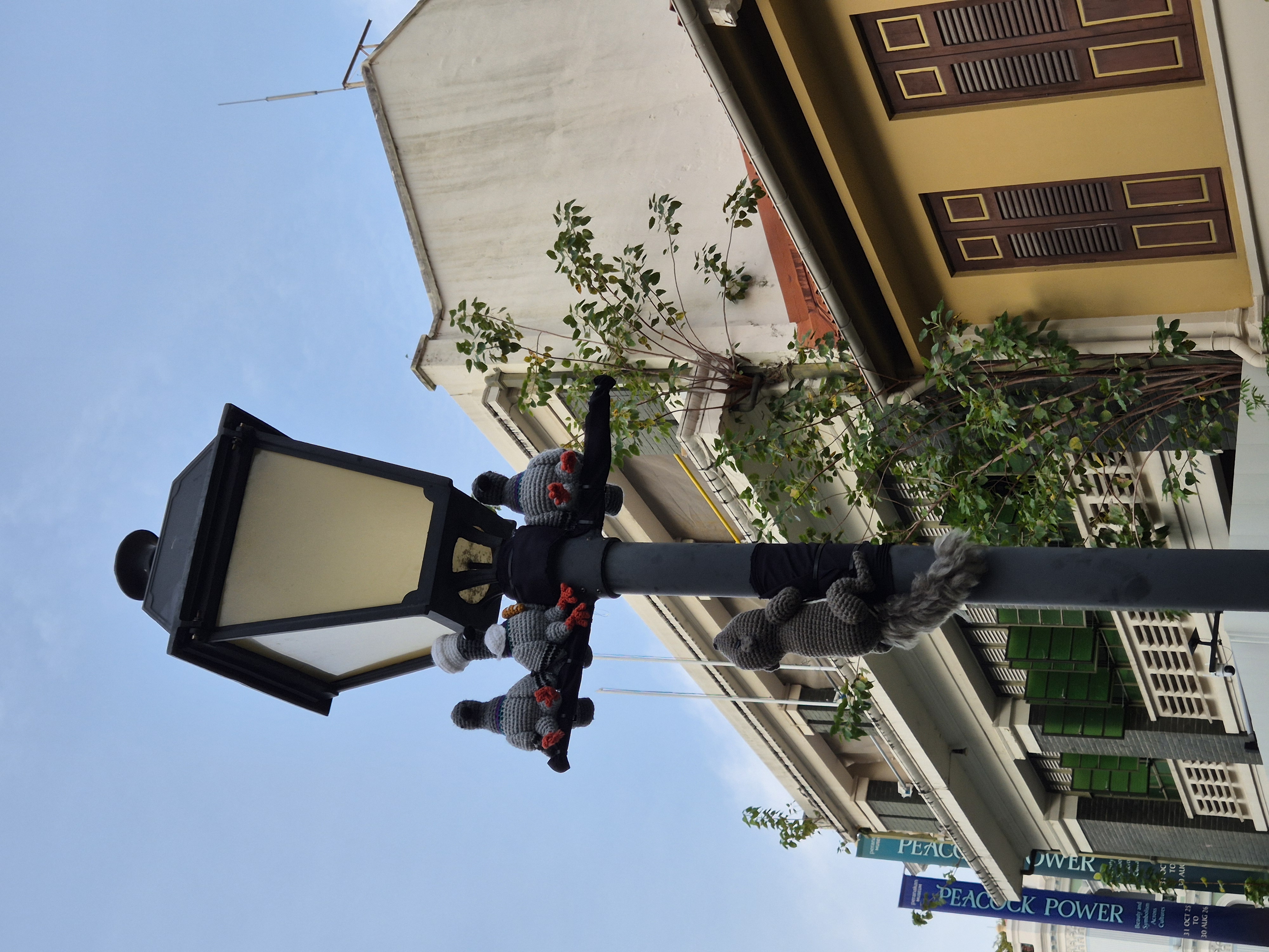 Crocheted pigeons and a Singapore squirrel on a lamppost at Armenian Street for Singapore Art Week.